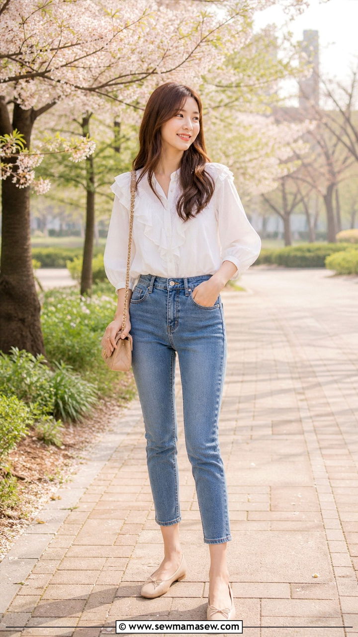 Cotton Blouse With High Waist Jeans and a Crossbody Purse - 40 Korean outfit ideas
