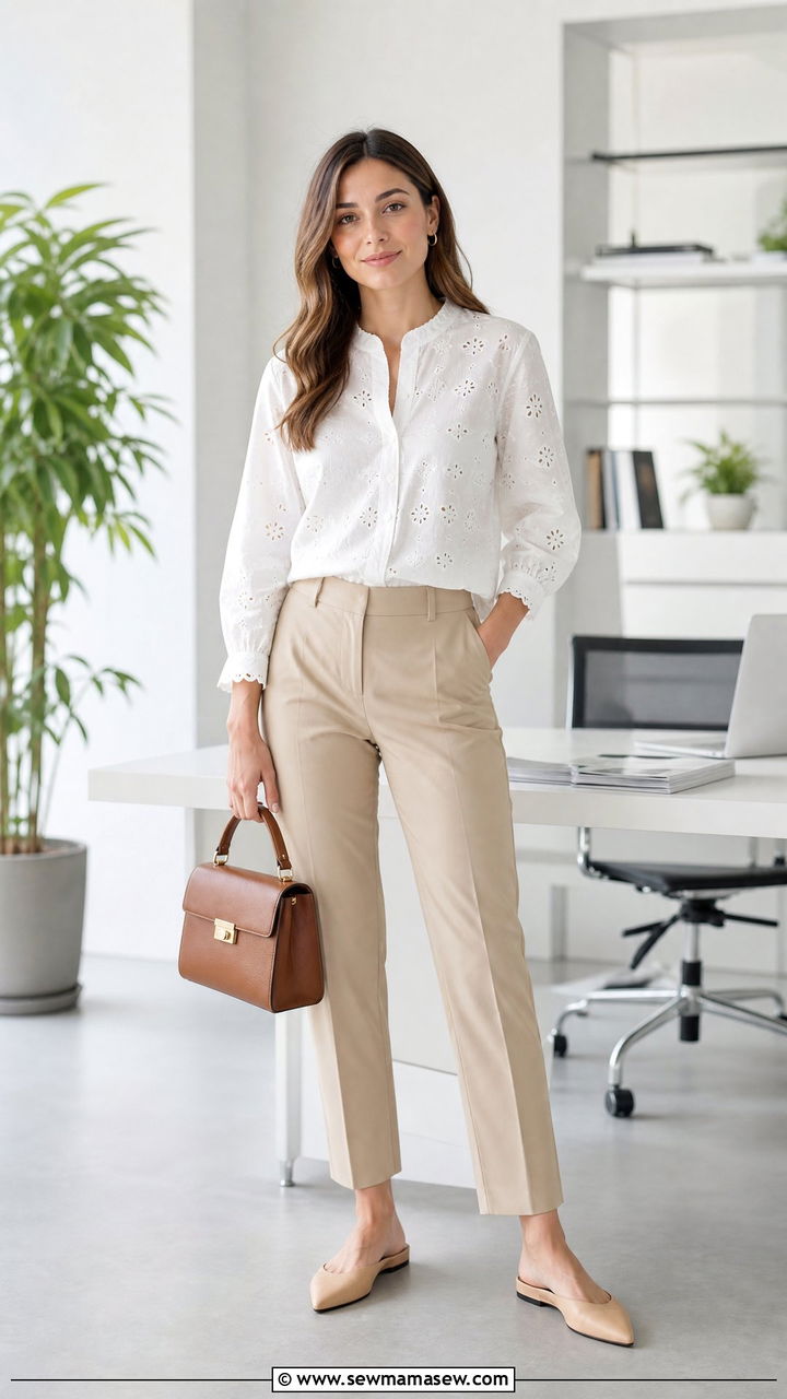 Cotton Broderie Anglaise Blouse With Tailored Trousers - 30 Summer cotton outfits