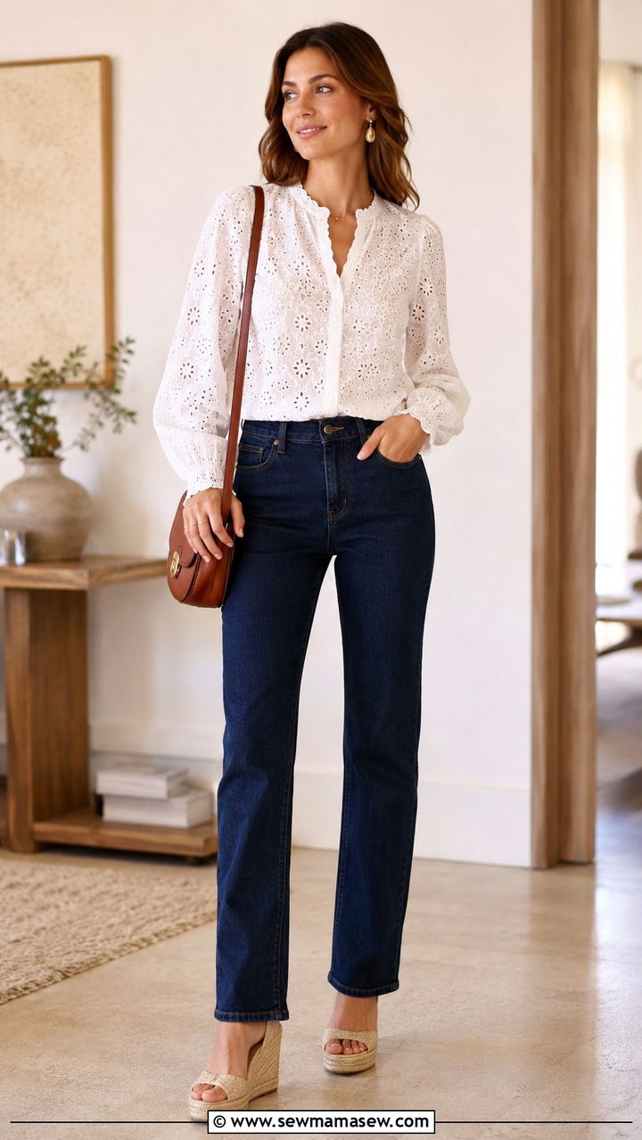 Cotton Broderie Blouse and Dark Denim Outfit - 30 Spring cotton outfits