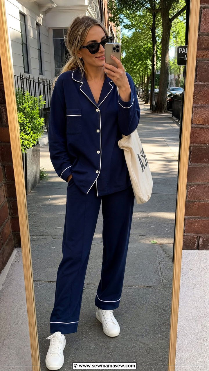 Cotton Button Down Pajama Set With White Sneakers - 25 Classic pajama set outfit ideas