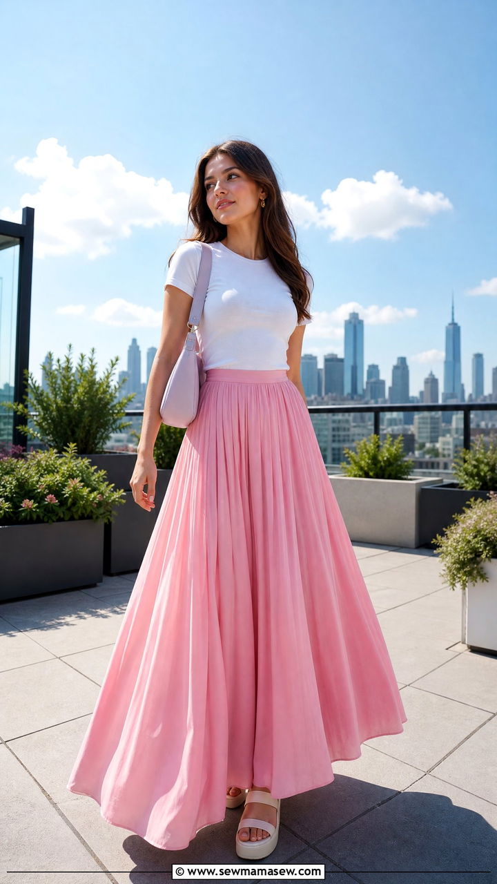 Cotton Candy Pink Maxi Skirt with a Fitted Tee - 30 Pastel pink outfit ideas spring