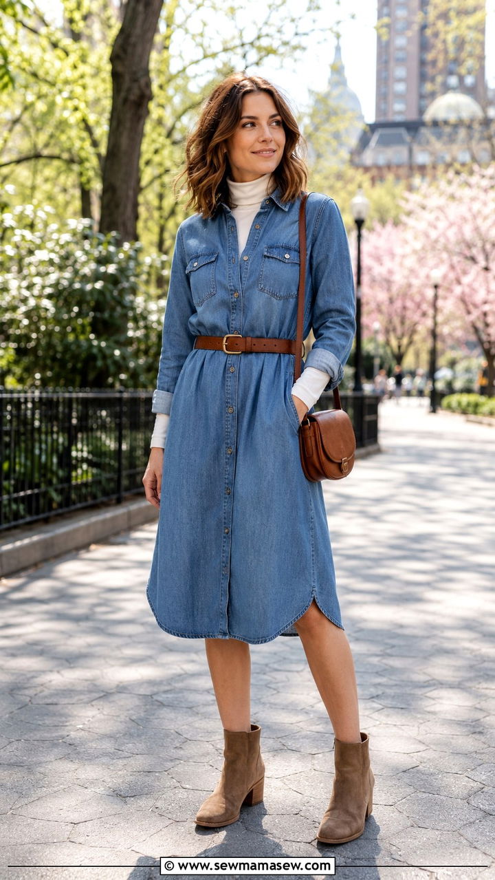 Cotton Chambray Dress with Ankle Boots Outfit - 30 Spring cotton outfits