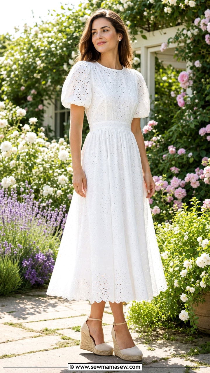 Cotton Eyelet Midi Dress with Espadrille Wedges - 25 Summer outfits for skinny women