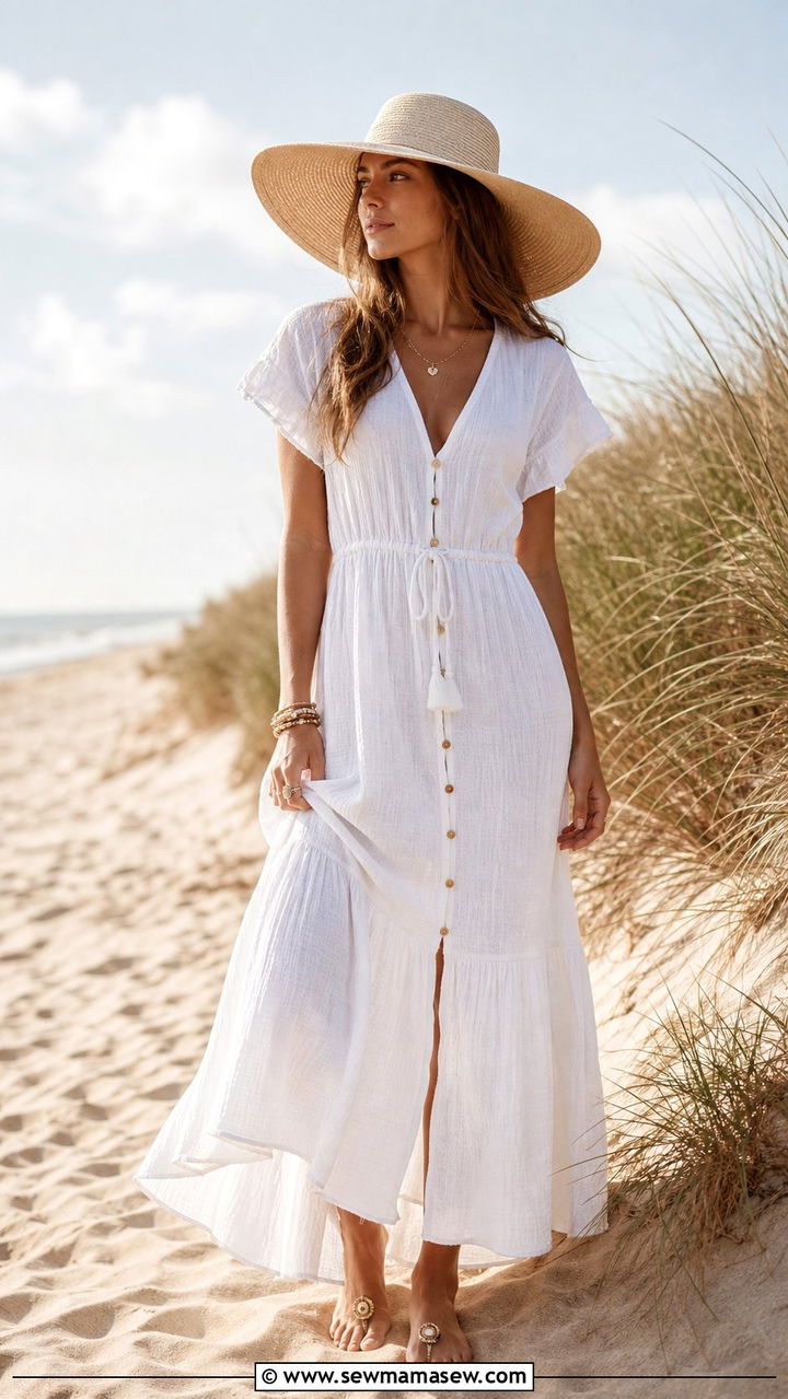 Cotton Gauze Maxi Dress And Sun Hat - 35 beach vacation outfits inspo