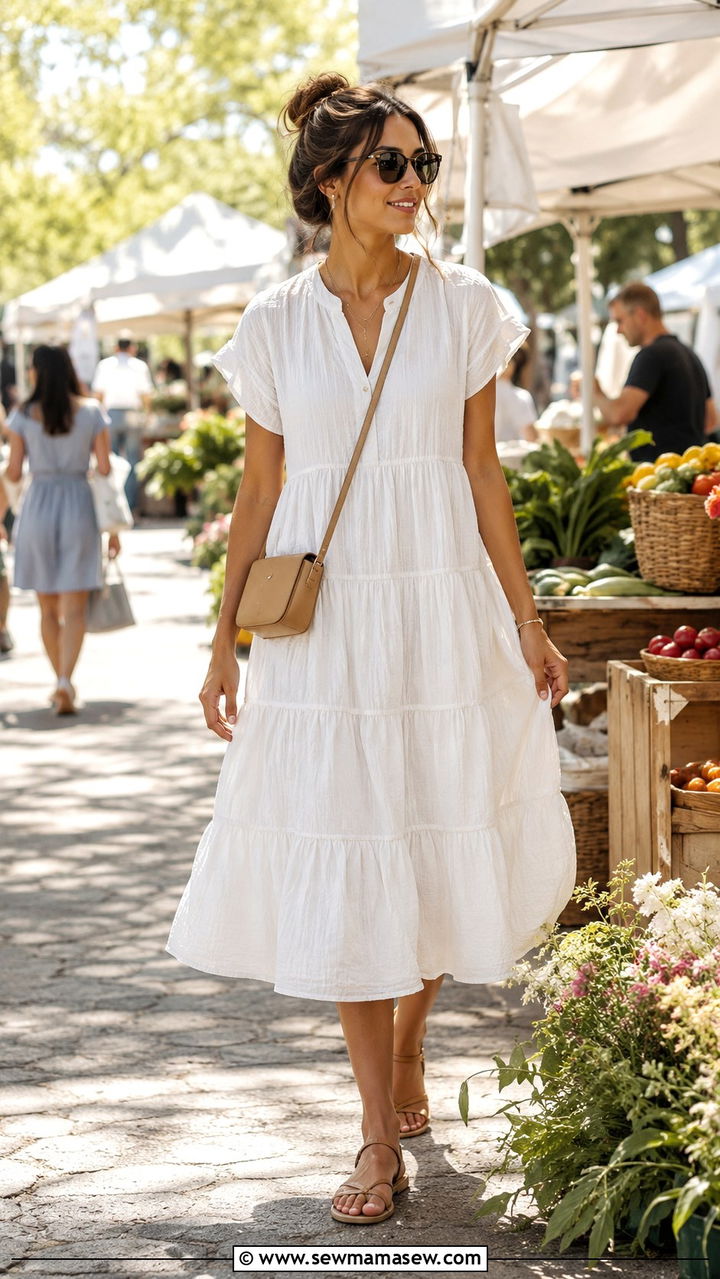 Cotton Gauze Midi Dress With Flat Sandals And Crossbody Bag - 30 Modest travel outfit ideas