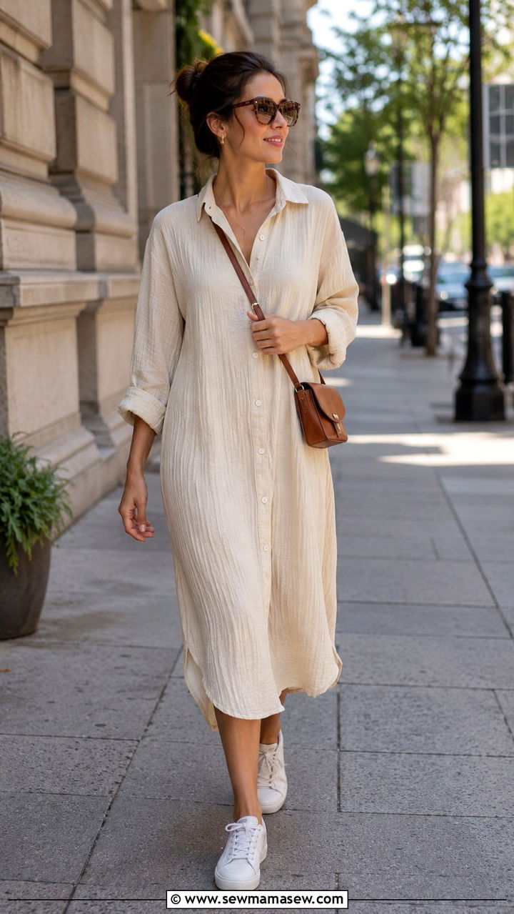 Cotton Gauze Shirt Dress With White Sneakers - 25 Modest outfit ideas for humid weather