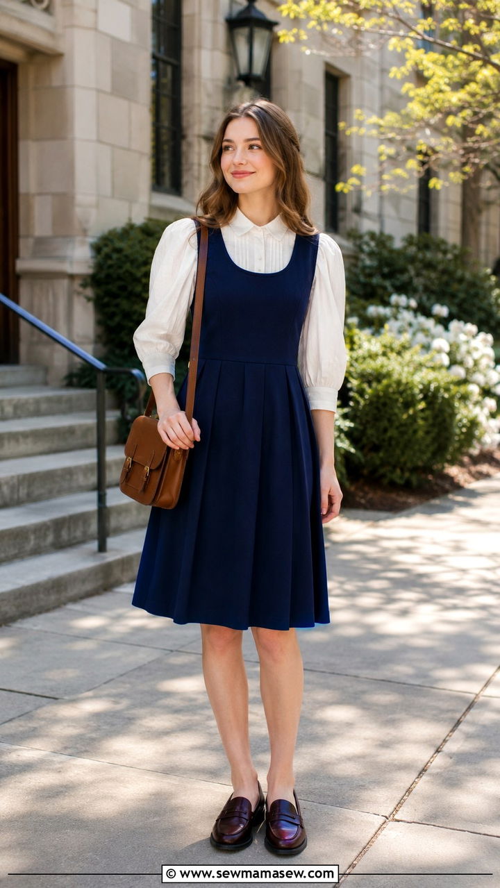 Cotton Jumper Dress Layered Over Blouse Outfit - 30 Spring cotton outfits
