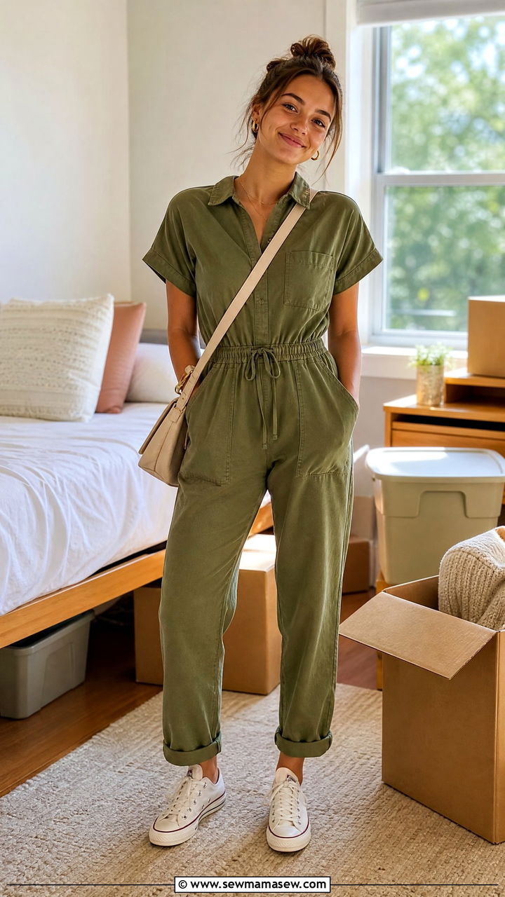 Cotton Jumpsuit With Canvas Sneakers Outfit - 30 College move in day outfit ideas