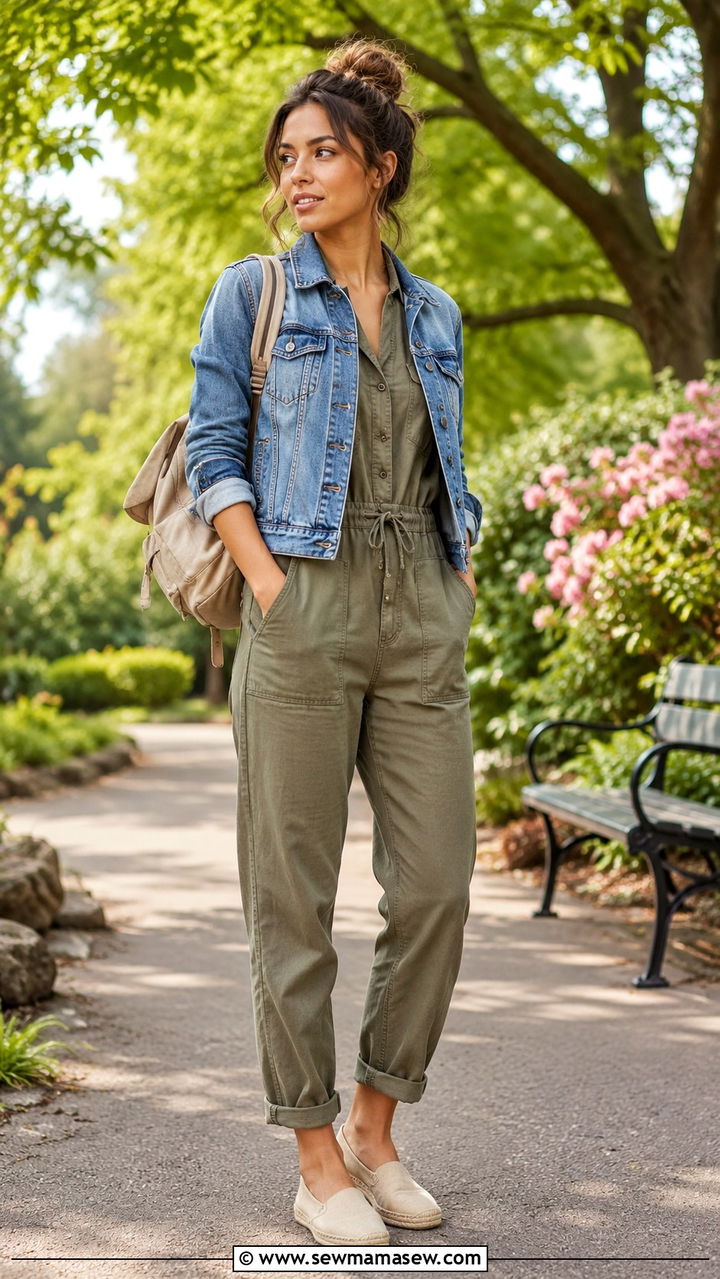 Cotton Jumpsuit with Denim Jacket for 50F - 20 Summer outfits for 50 degree weather