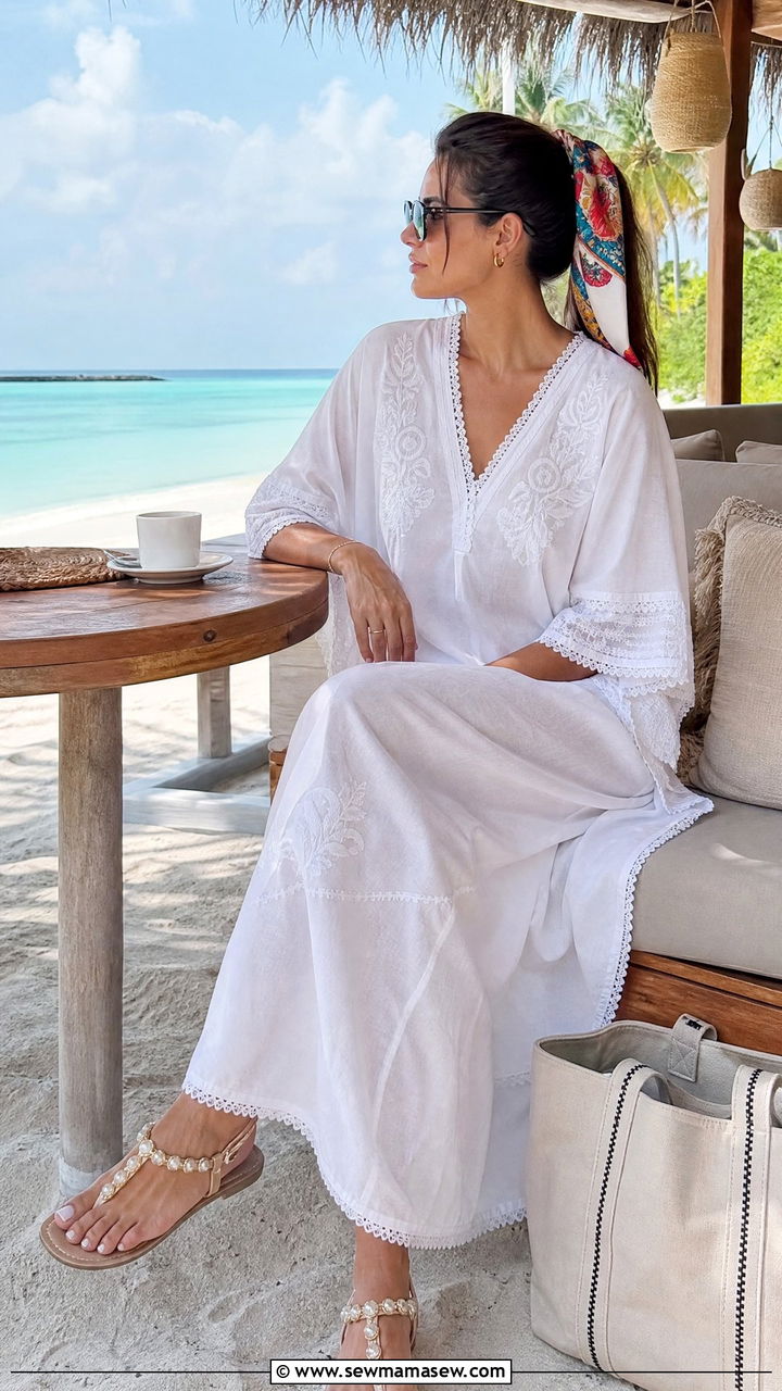 Cotton Kaftan With Beaded Sandals - 35 Maldives vacation outfit ideas