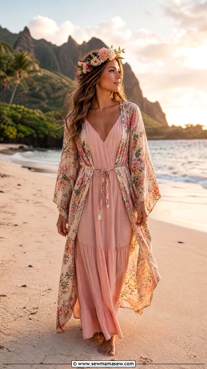 Cotton Kimono Wrap Over Maxi Dress For Kauai Photoshoot - 25 Kauai outfit ideas
