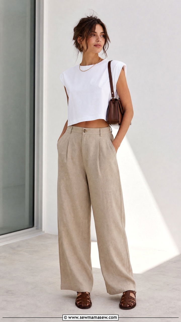 Cotton Linen Blend Wide Leg Pants With A Boxy Crop Top - 30 Summer cotton outfits