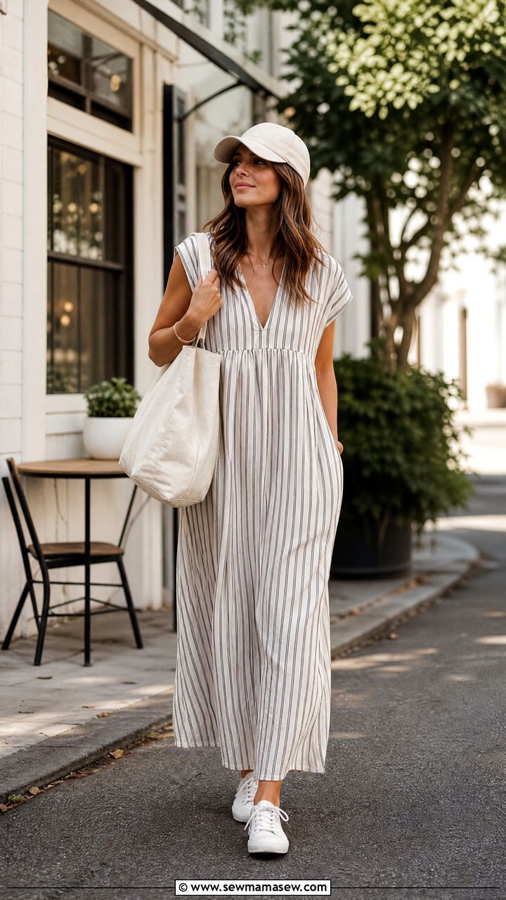 Cotton Maxi Dress Brunch Outfit With Canvas Sneakers - 25 Brunch outfit ideas with a maxi dress