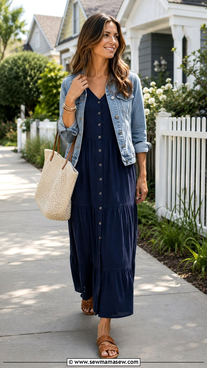 Cotton Maxi Dress With Denim Jacket And Woven Sandals - 30 Maxi dress with a denim jacket outfit ideas