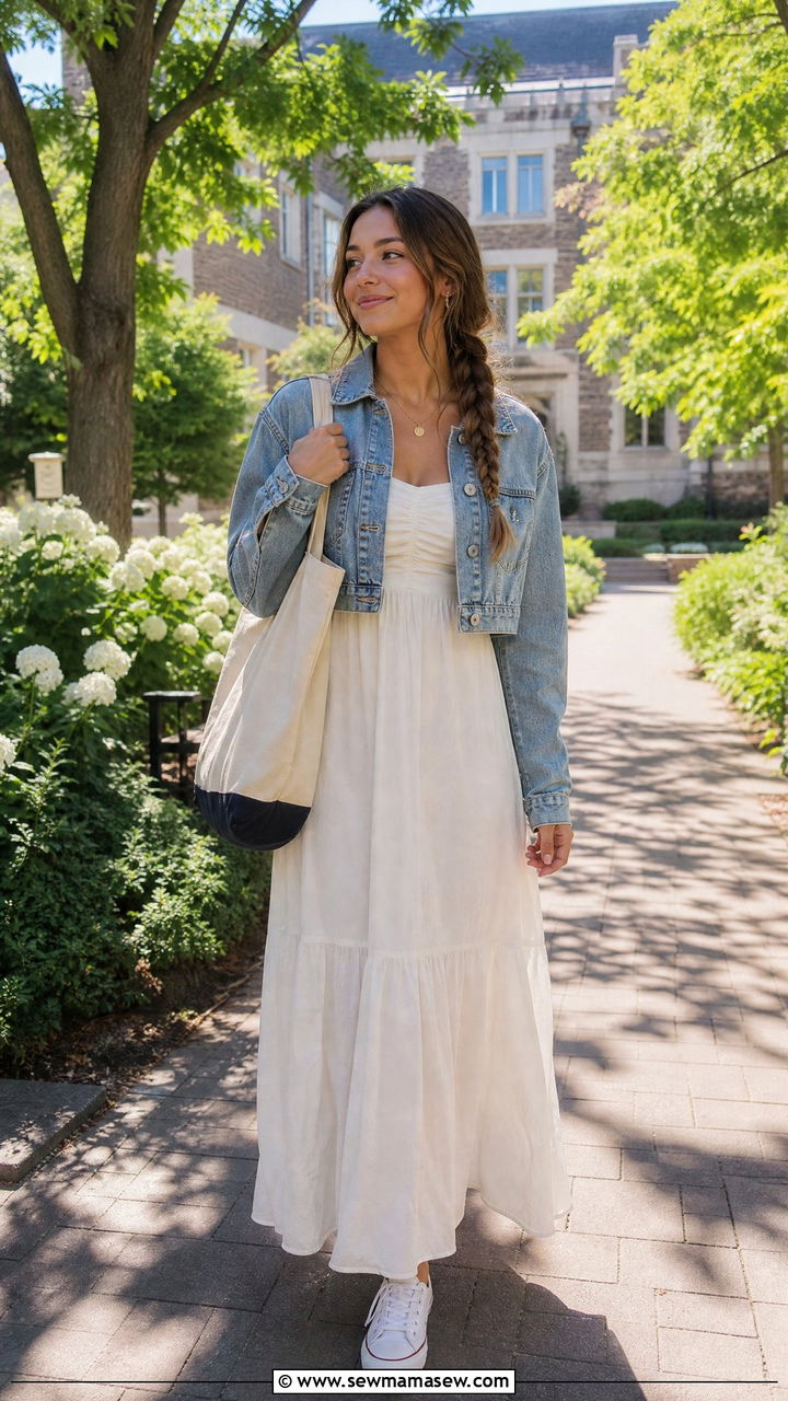 Cotton Maxi Dress With Denim Jacket Outfit - 30 College move in day outfit ideas