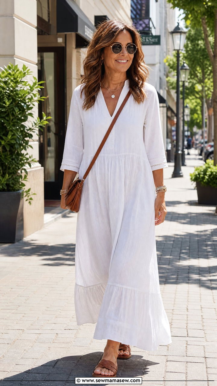 Cotton Maxi Dress With Leather Crossbody And Slides - 30 Maxi dress for women over 40 outfit ideas