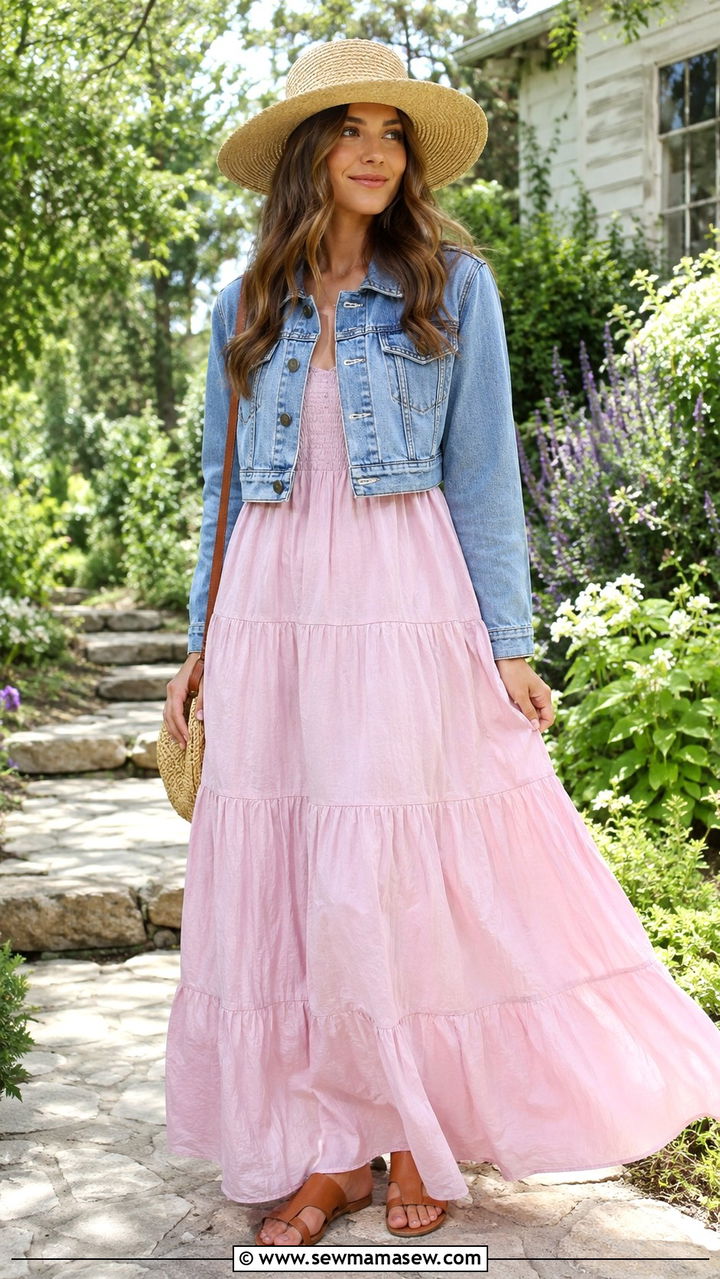 Cotton Maxi Dress with Cropped Denim Jacket - 20 Summer outfits for 60 degree weather