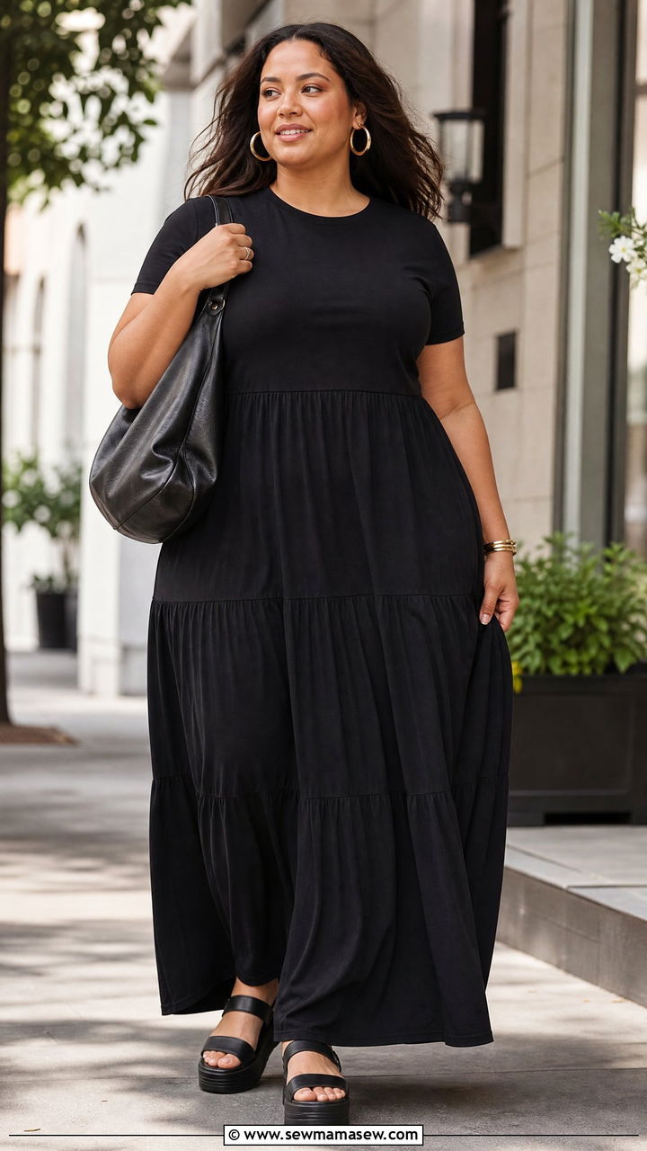 Cotton Maxi Dress with Hoop Earrings and Platform Sandals - 25 Maxi dress for plus size outfit ideas