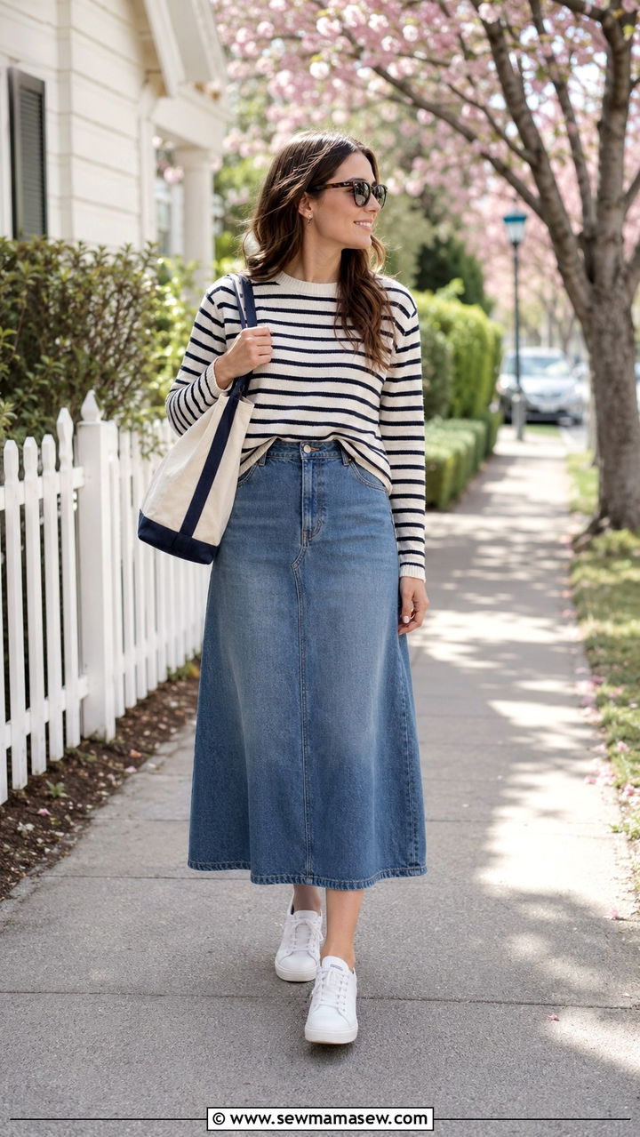 Cotton Maxi Skirt With A Button Up Knit Polo - 30 transitional modest outfit ideas
