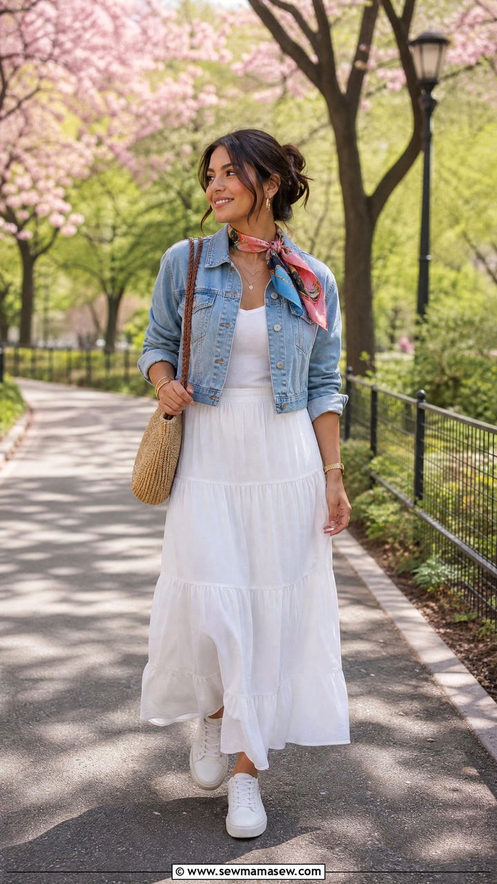 Cotton Maxi Skirt With Denim Jacket - 25 Petite outfit ideas with maxi skirt