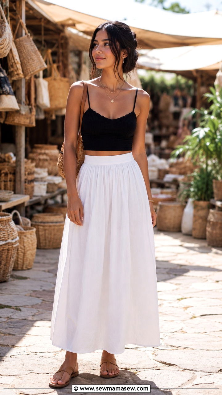 Cotton Maxi Skirt and Cami Top with Flat Sandals - 30 Travel outfits for petite women