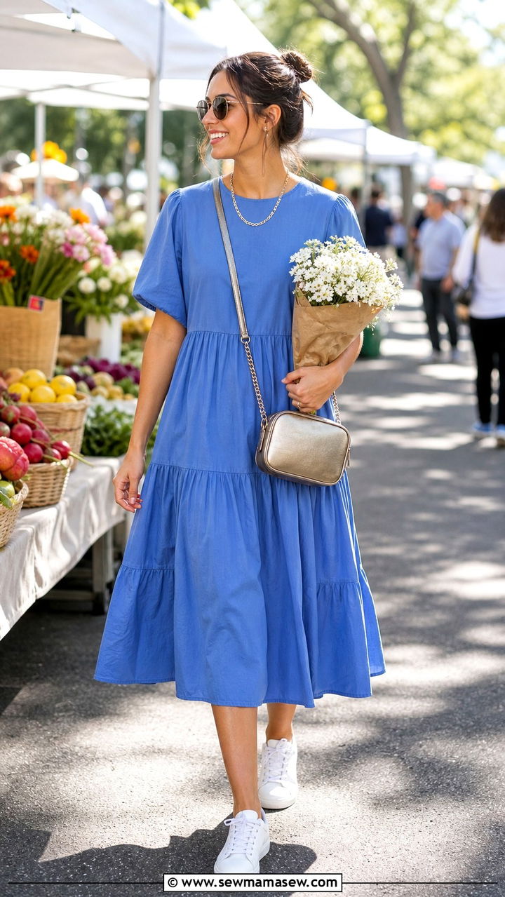 Cotton Midi Dress And White Leather Sneakers Farmers Market Outfit - 40 Spring farmers market outfits