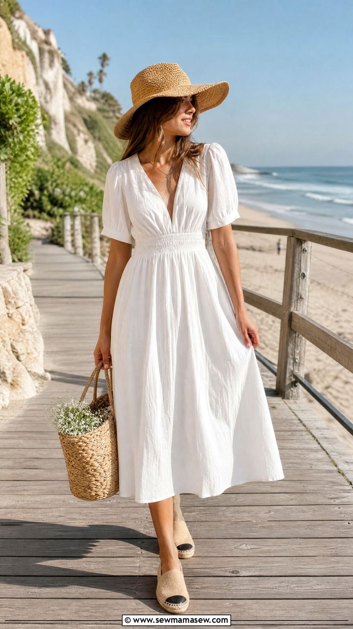 Cotton Midi Dress With A Straw Hat And Espadrilles - 30 Summer outfits for athletic build