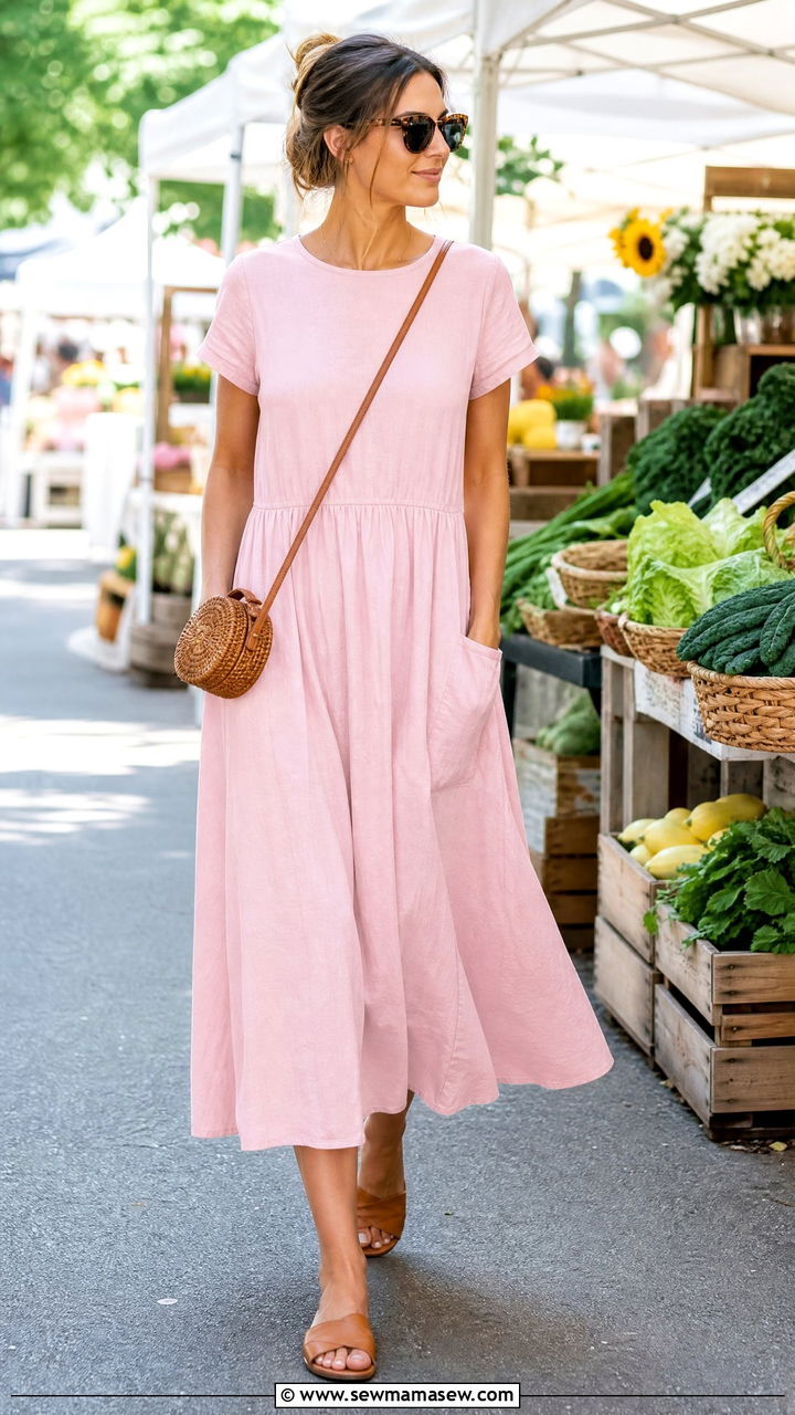Cotton Midi Dress With Flat Sandals - 30 Summer outfit ideas for stay at home mom