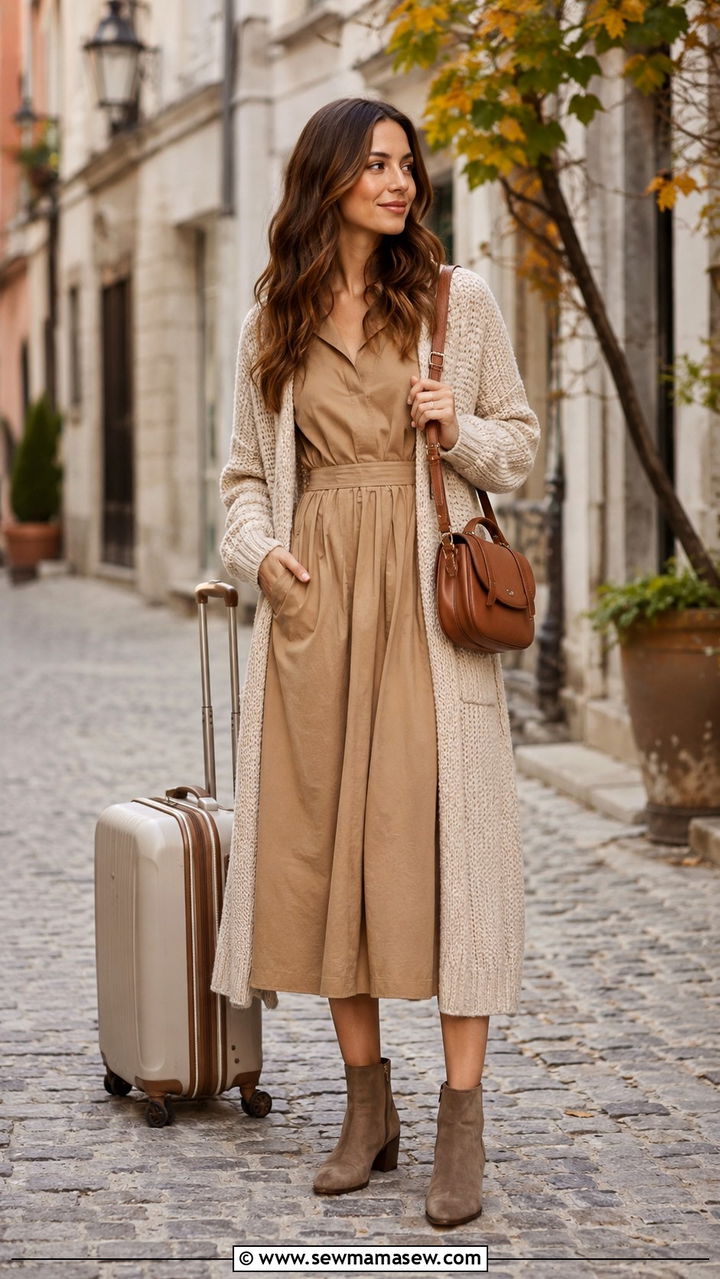 Cotton Midi Dress With Longline Cardigan And Ankle Boots - 30 Modest travel outfit ideas