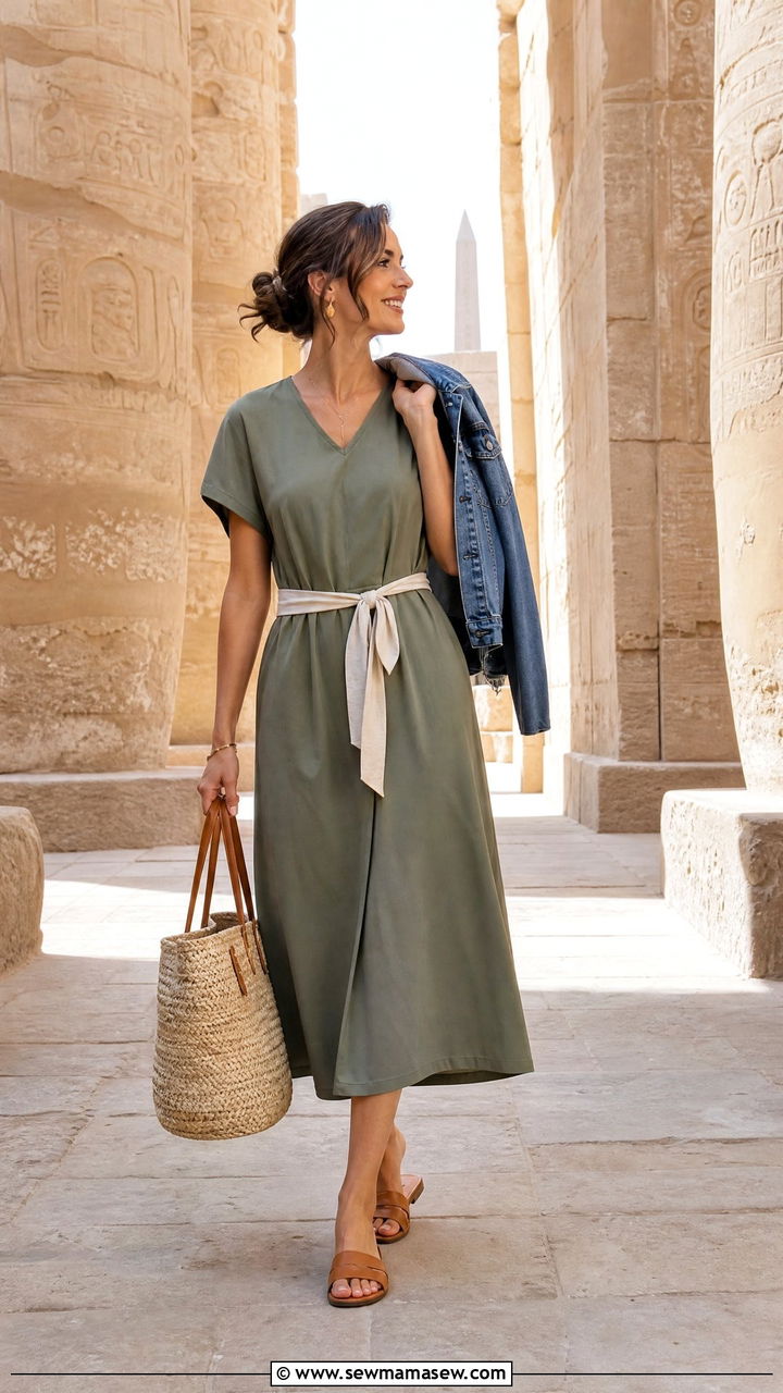 Cotton Midi Dress With Waist Tie Belt - 35 Luxor outfit ideas