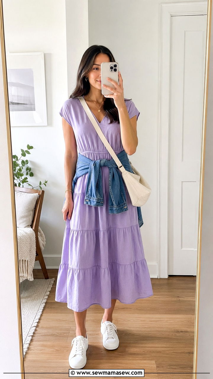 Cotton Midi Dress With White Sneakers Outfit - 25 Modest outfit ideas for summer heat hot weather