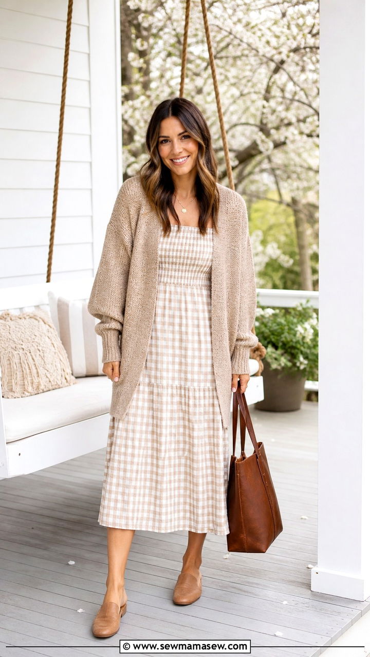 Cotton Midi Dress With a Chunky Cardigan and Flats - 40 Spring photoshoot outfits