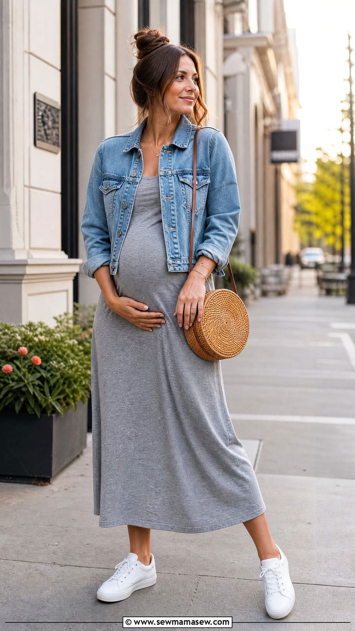 Cotton Midi Dress and Denim Jacket Outfit - 30 summer outfits for postpartum moms