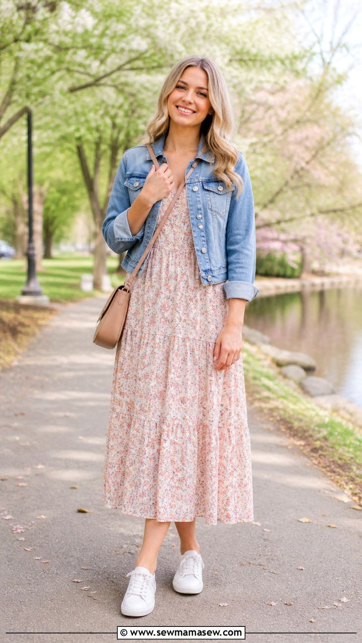 Cotton Midi Dress and Denim Jacket Outfit - 40 Cozy summer outfits