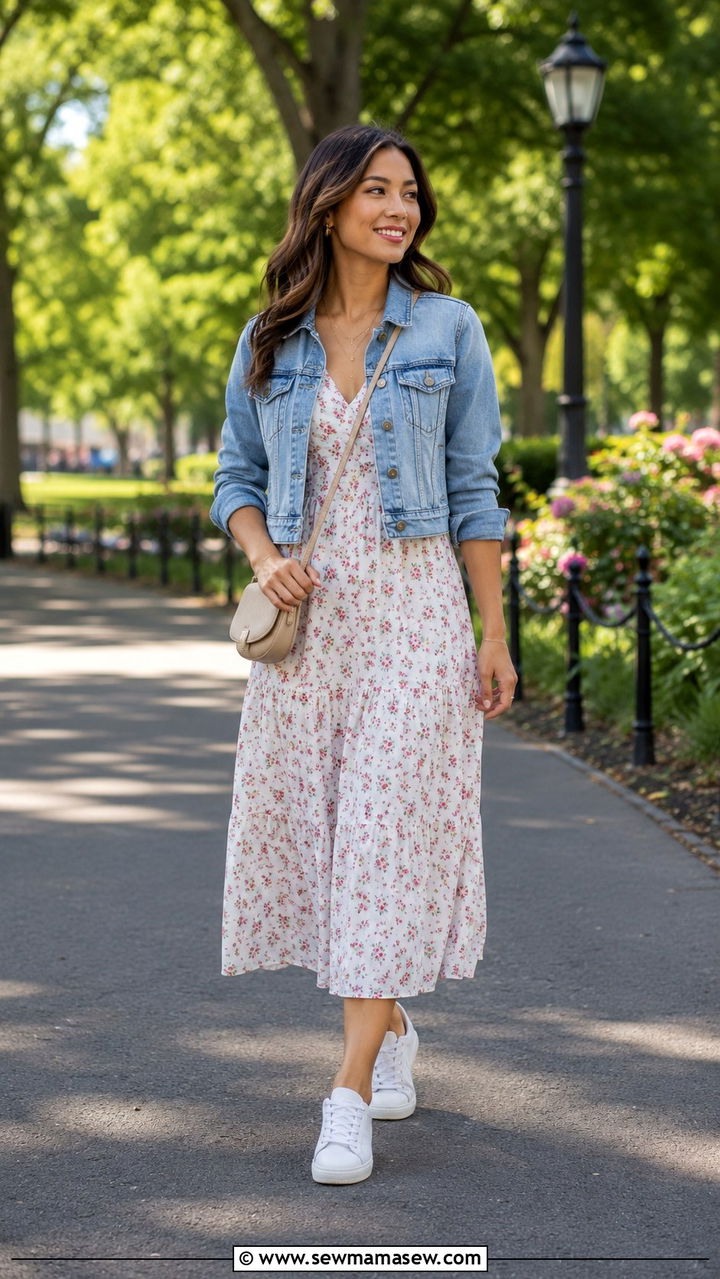 Cotton Midi Dress with Denim Jacket - 25 Petite summer capsule wardrobe