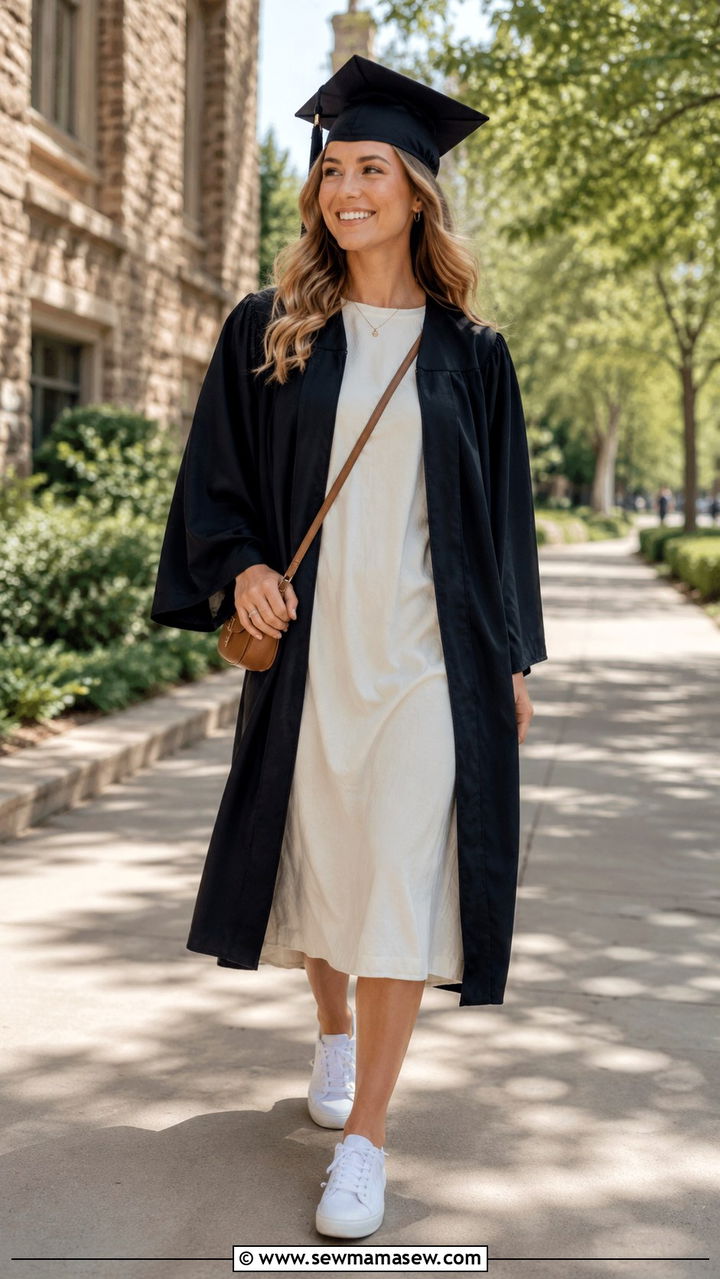 Cotton Midi Dress with White Sneakers - 30 Graduation cap and gown outfit ideas