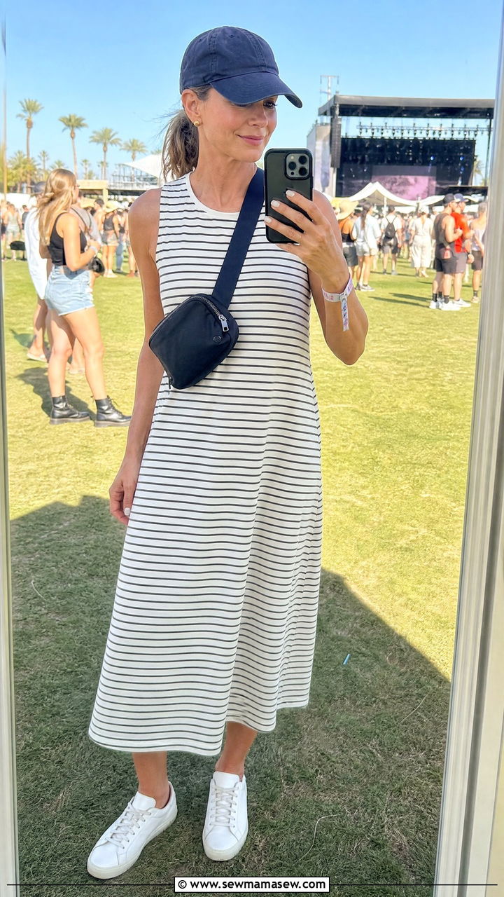 Cotton Midi Dress with White Sneakers and Crossbody Bag Festival Outfit - 30 music festival outfits for women over 40