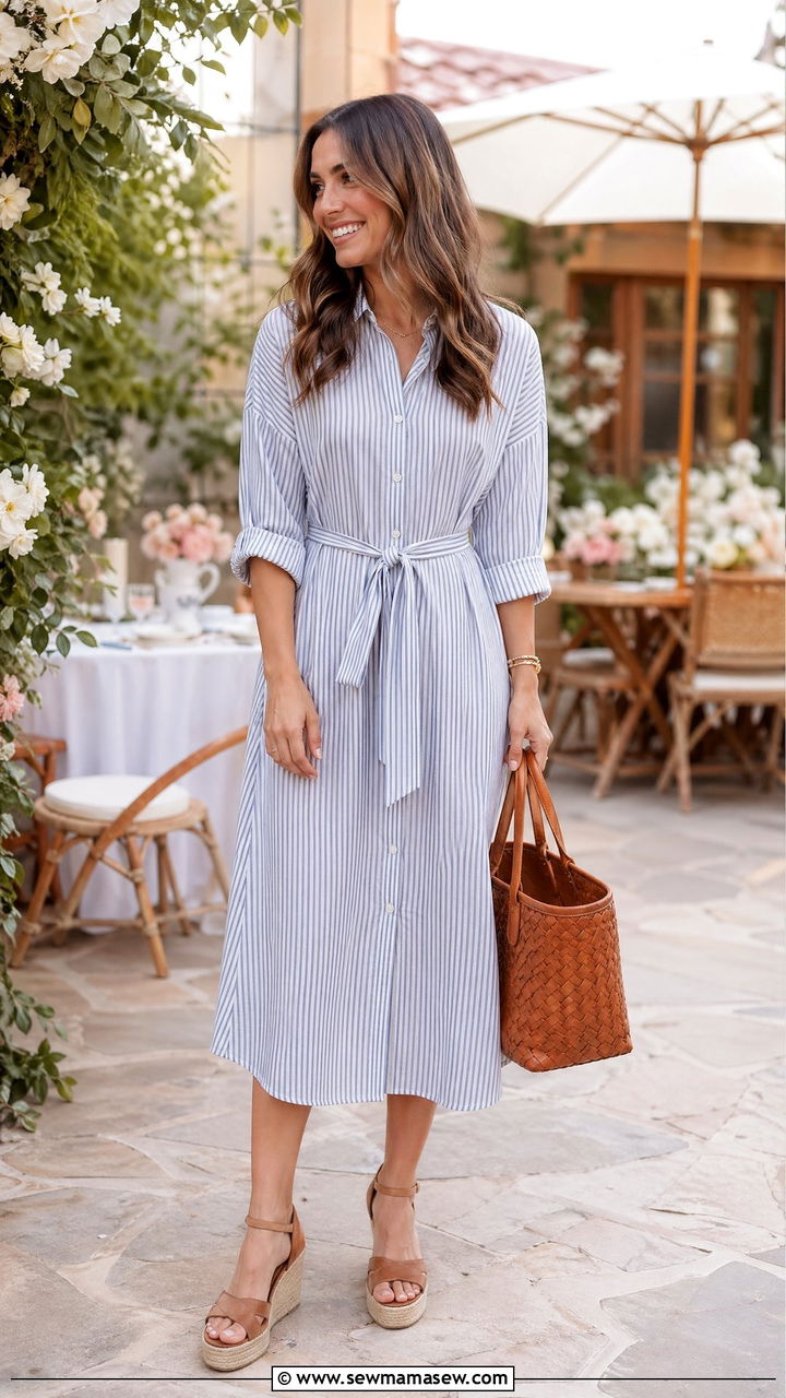 Cotton Midi Shirt Dress with Espadrille Wedges - 35 Dressy summer outfits
