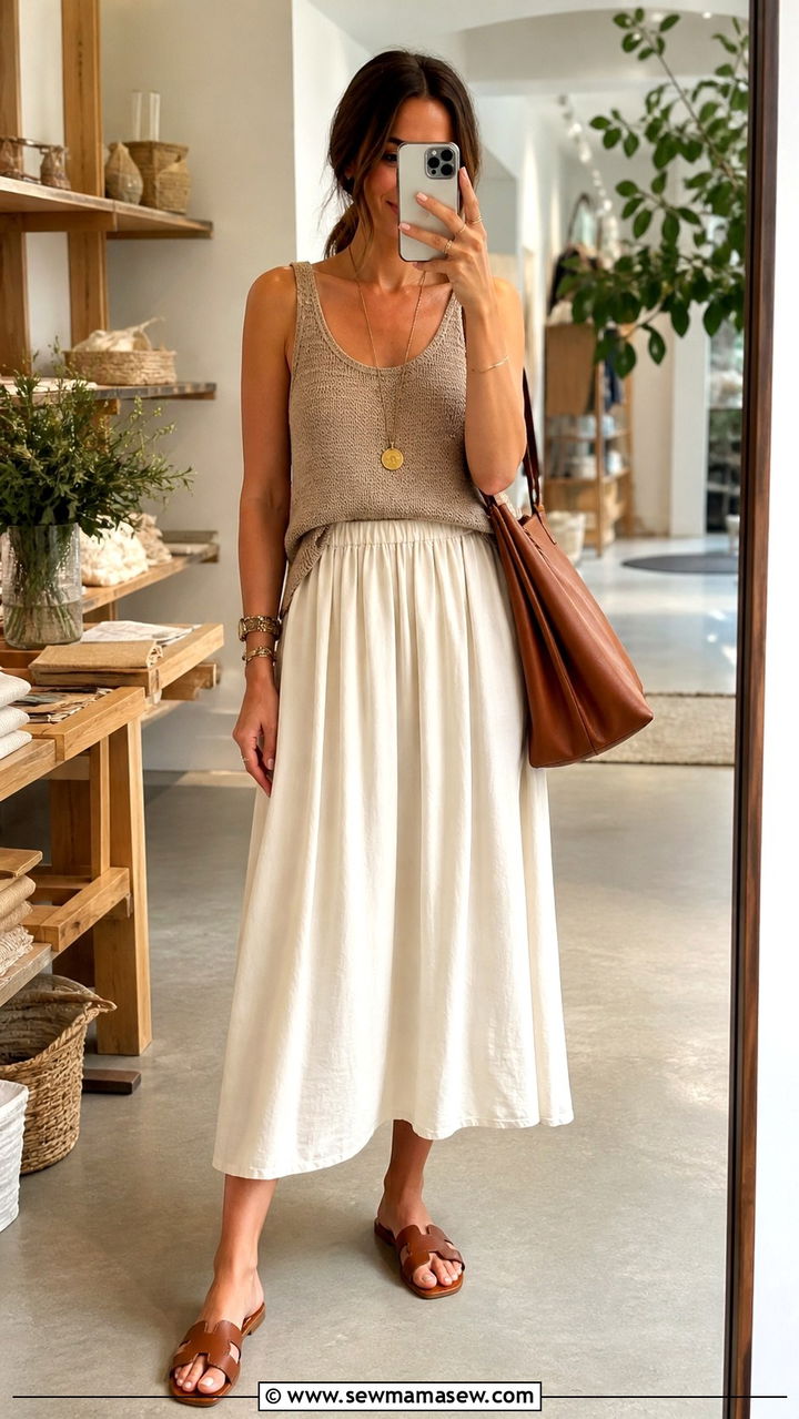 Cotton Midi Skirt With Knit Tank Top - 40 summer casual outfit ideas