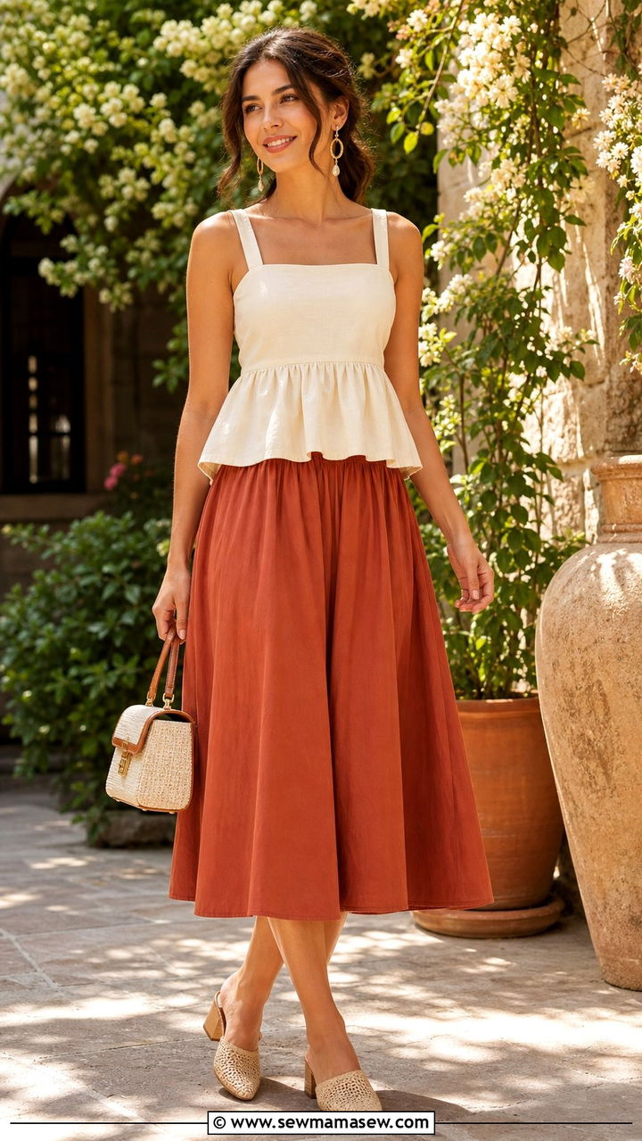 Cotton Midi Skirt With Peplum Tank And Woven Mules - 25 Summer outfits for humid weather