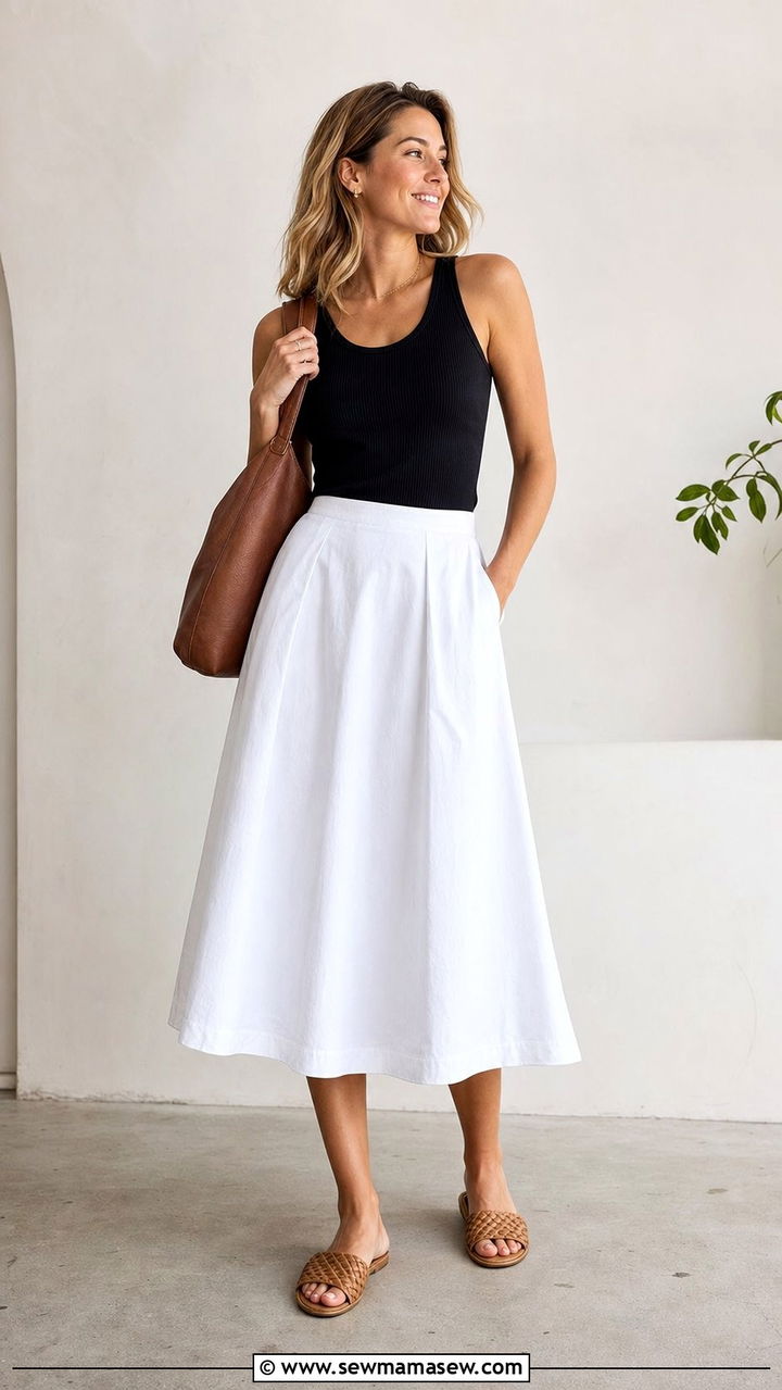 Cotton Midi Skirt With Simple Tank Top - 25 Early August outfit ideas