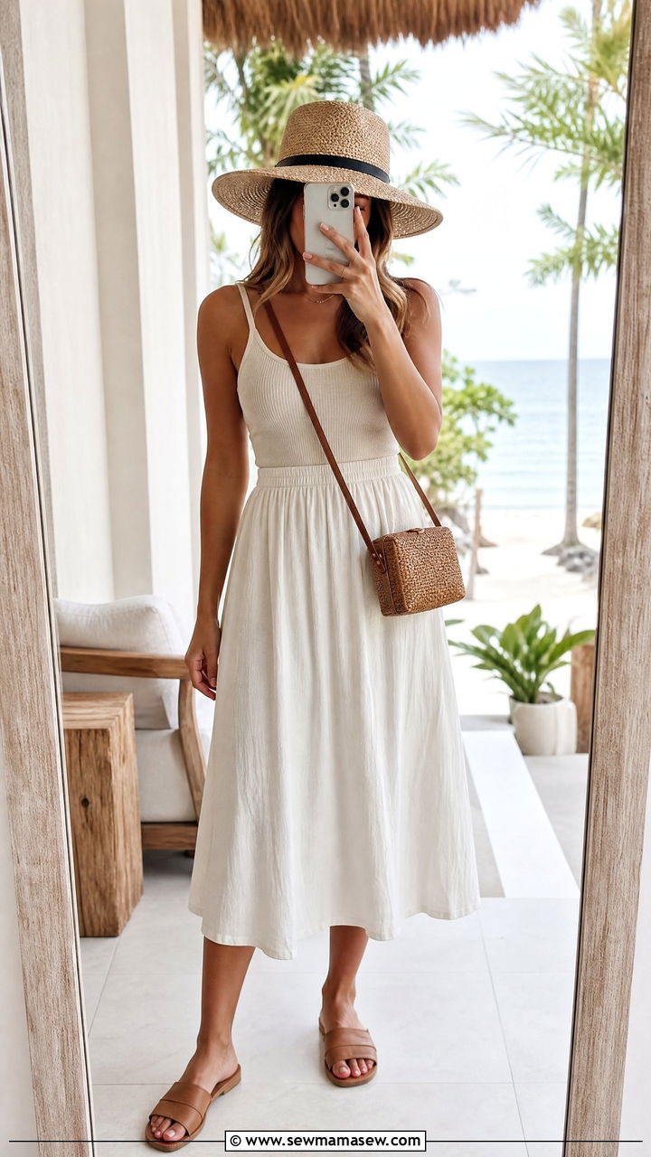 Cotton Midi Skirt With Tank Top and Sandals - 25 How to style a midi skirt for travel