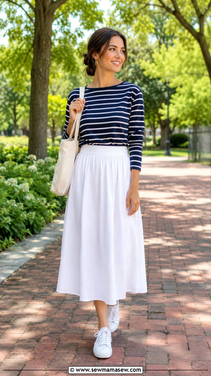 Cotton Midi Skirt with Striped Tee - 30 Modest spring outfits