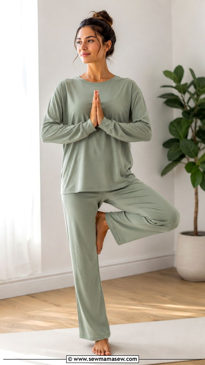 Cotton Modest Yoga Outfit with Long Sleeve Top and Straight Leg Pants - 25 Yoga outfit ideas modest