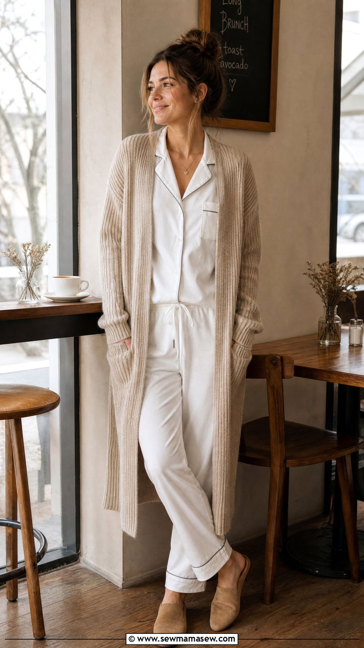 Cotton Pajama Set With Long Knit Cardigan - 25 Classic pajama set outfit ideas