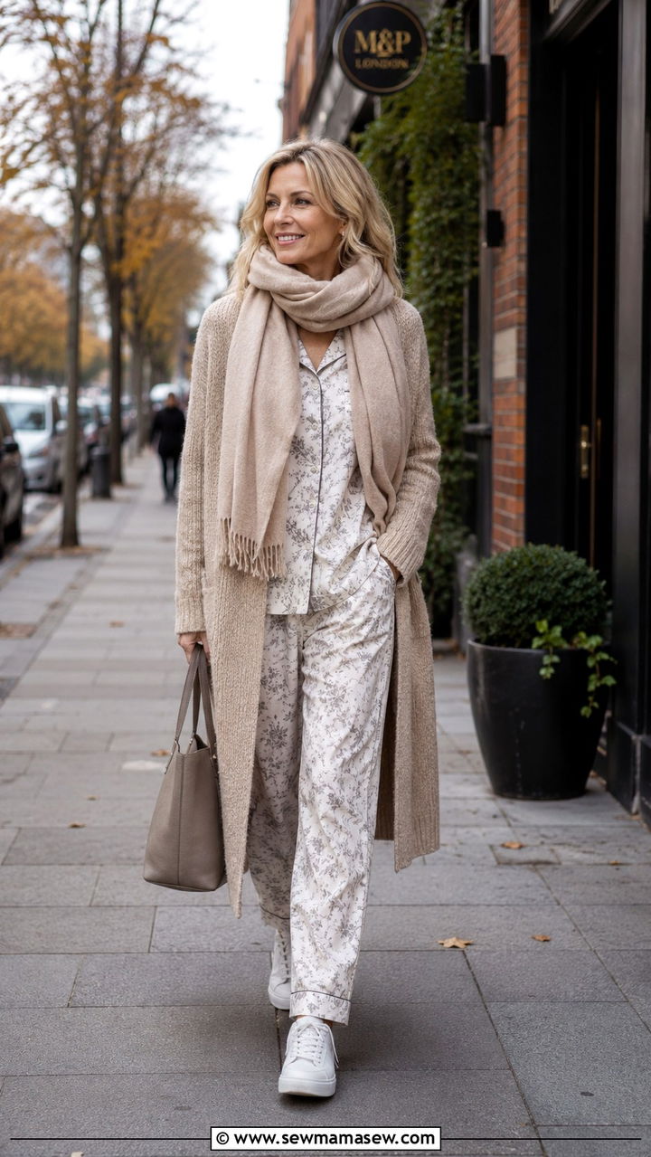 Cotton Pajama Set With a Long Cardigan and Sneakers - 25 Pajama outfit ideas for women over 40