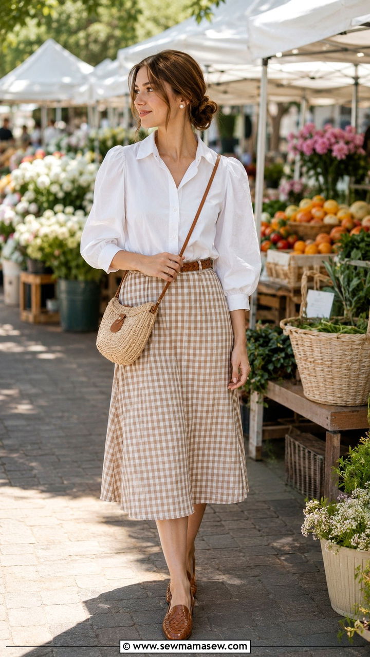 Cotton Poplin Blouse with Gingham Skirt - 30 light academia outfits to copy