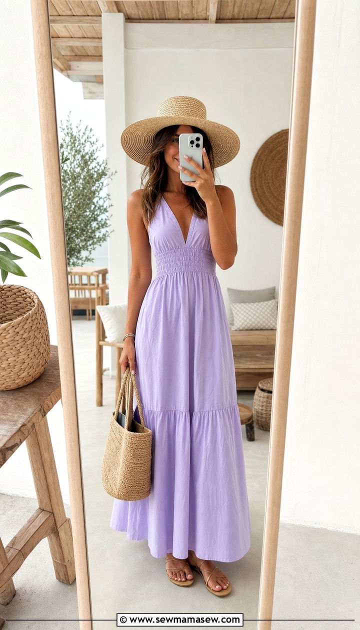 Cotton Poplin Maxi Dress With Straw Accessories - 25 Early August outfit ideas