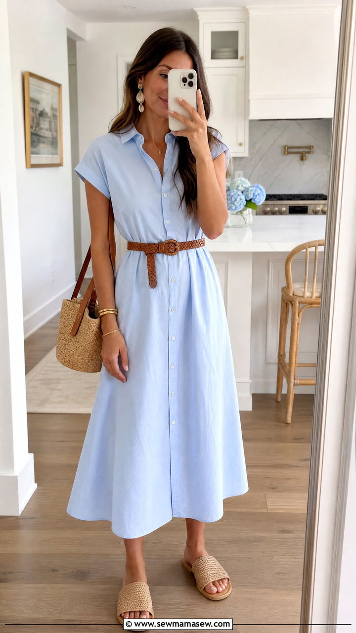Cotton Poplin Midi Dress And Woven Sandals Outfit - 30 summer wardrobe essentials outfits