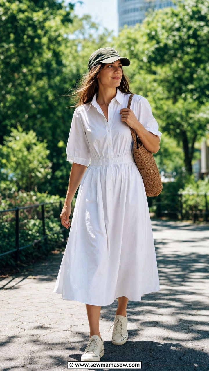 Cotton Poplin Midi Dress with Canvas Sneakers and Baseball Cap - 35 casual midi dress outfits